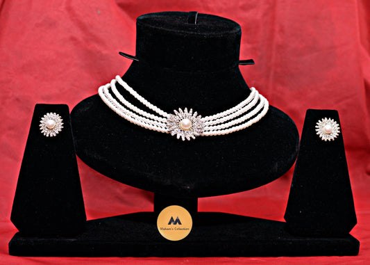 Three-Layered Pearl Beaded Choker Set with Starburst Pendant | 4 Colors