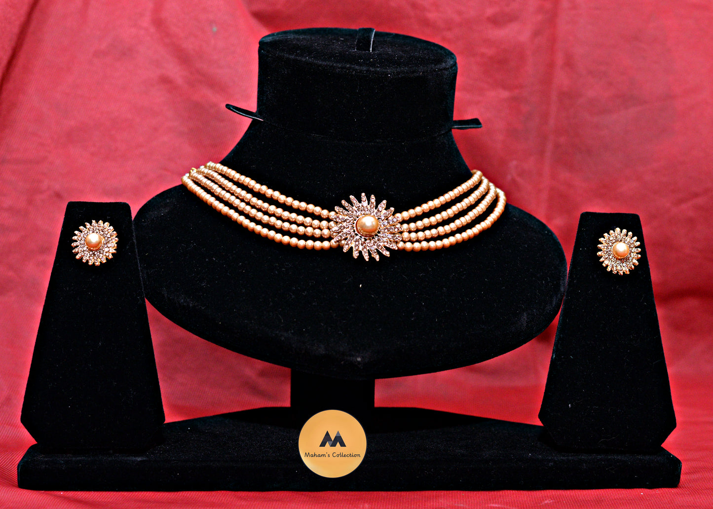 Three-Layered Pearl Beaded Choker Set with Starburst Pendant | 4 Colors