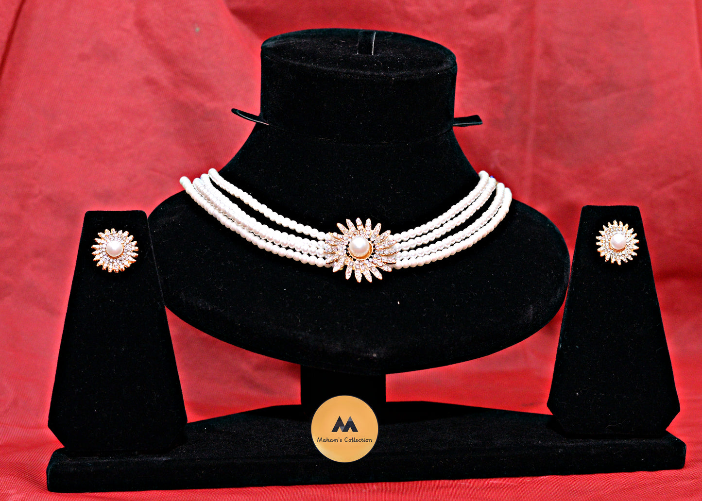 Three-Layered Pearl Beaded Choker Set with Starburst Pendant | 4 Colors