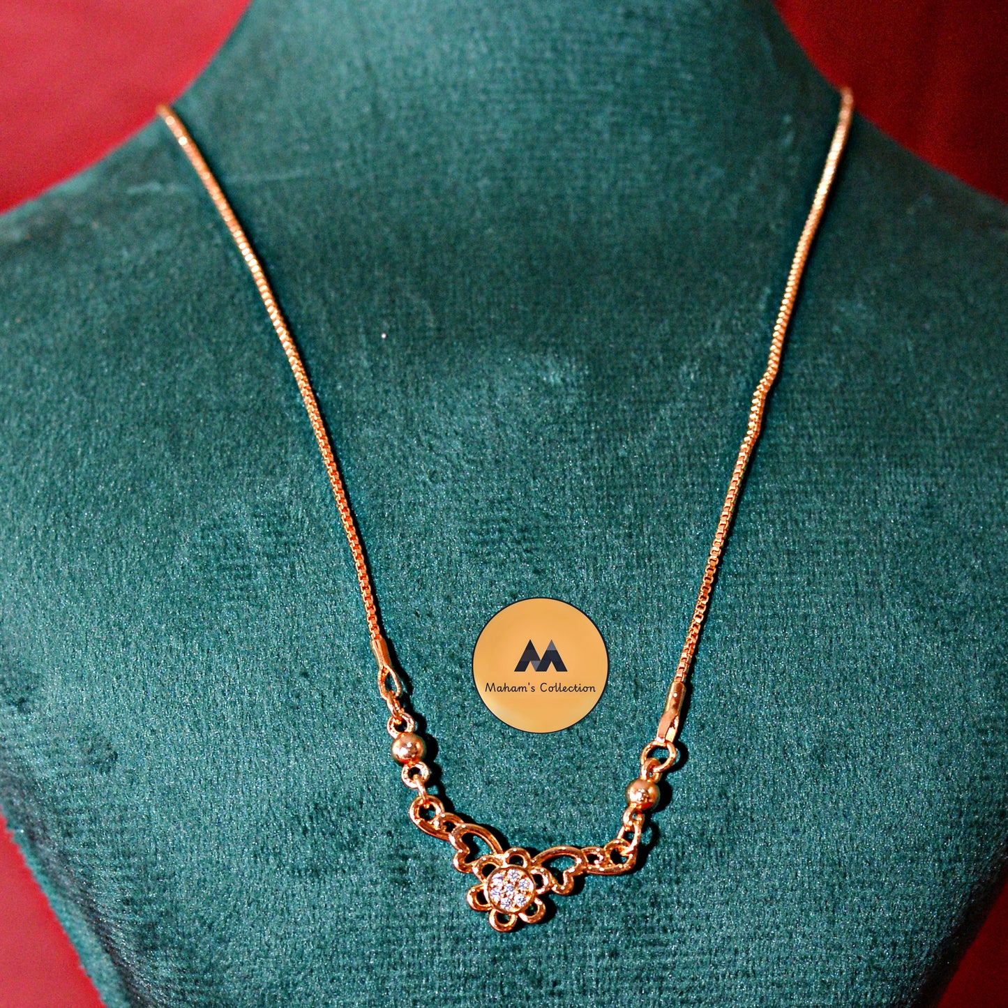 Rose Gold Toned CZ Stone Filigree Flower Connector Necklace