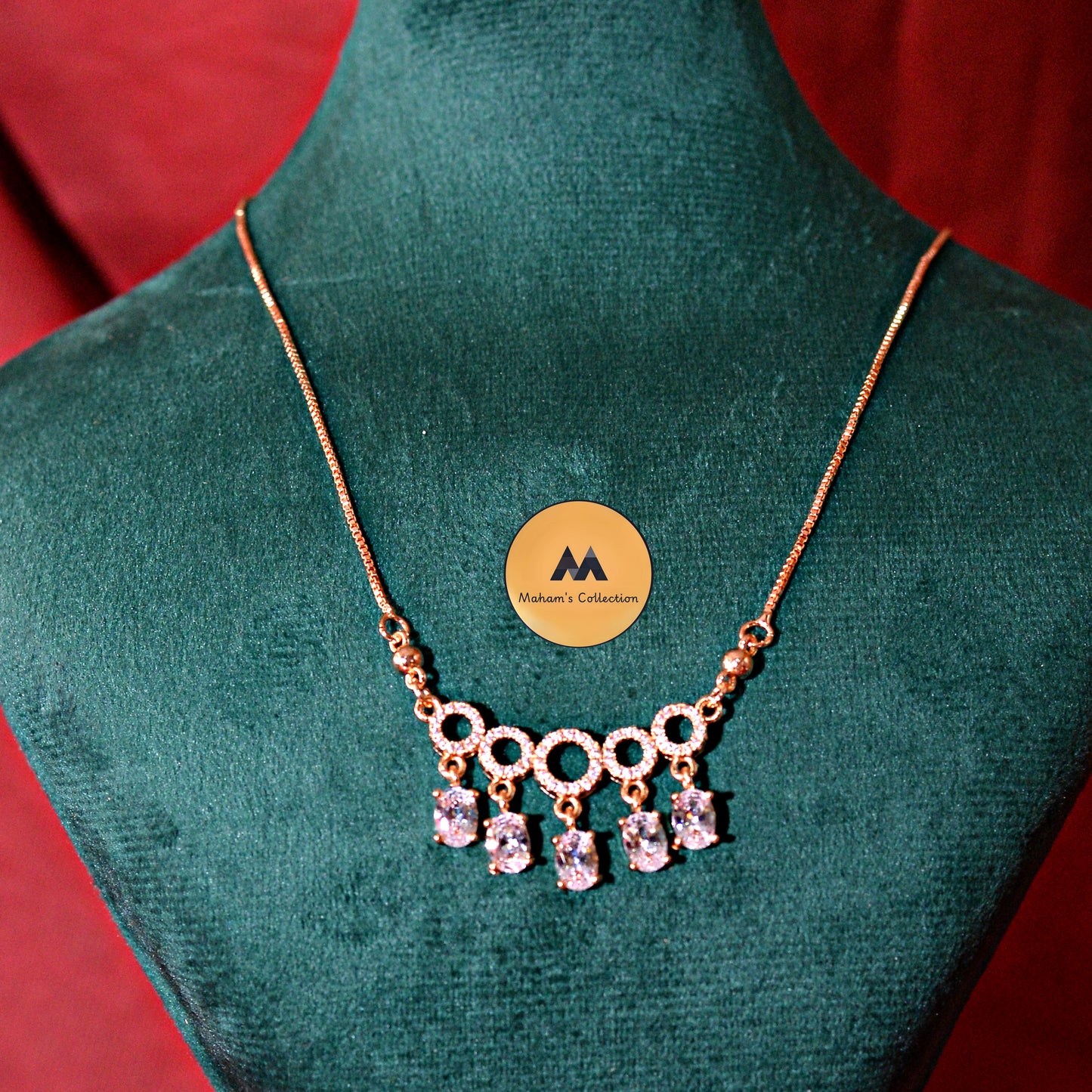 Rose Gold Toned CZ Stone Fringe Dangle Necklace - Free Size