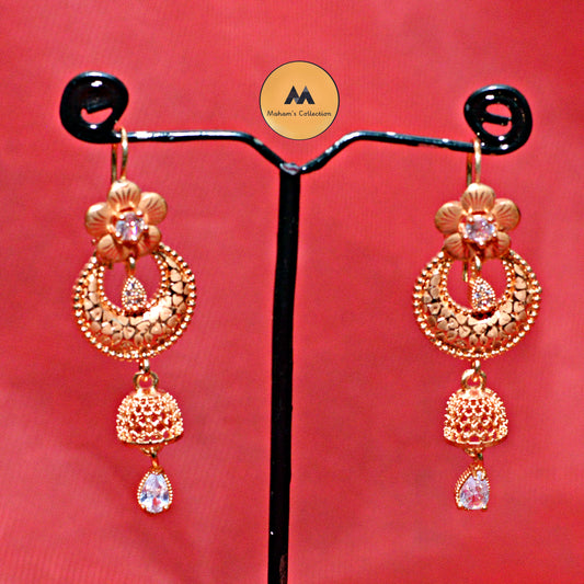 Floral Crescent Jhumka Earrings with Sparkling White Zircon