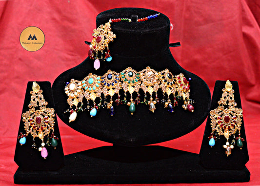Antique Gold Kundan-Style Choker Set with Danglers - Available in Amber & Multi-Color