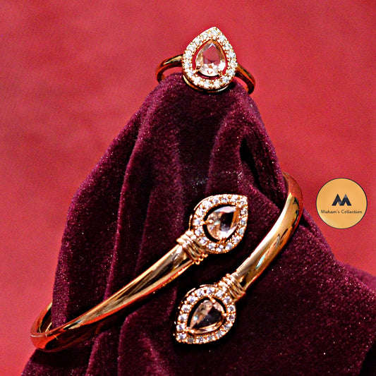 Gold Teardrop Halo Bracelet and Ring Set for Women - Turquoise & Clear Crystal Jewelry - Maham's Collection