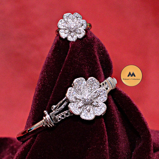 Silver Floral Crystal Bracelet and Ring Set for Women - Pink, Black & White Stones - Maham's Collection