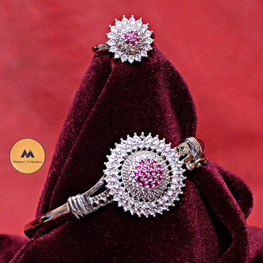 Silver Sunburst Flower Bracelet and Ring Set for Women - Ruby Pink & Onyx Black Stone Jewelry - Maham's Collection