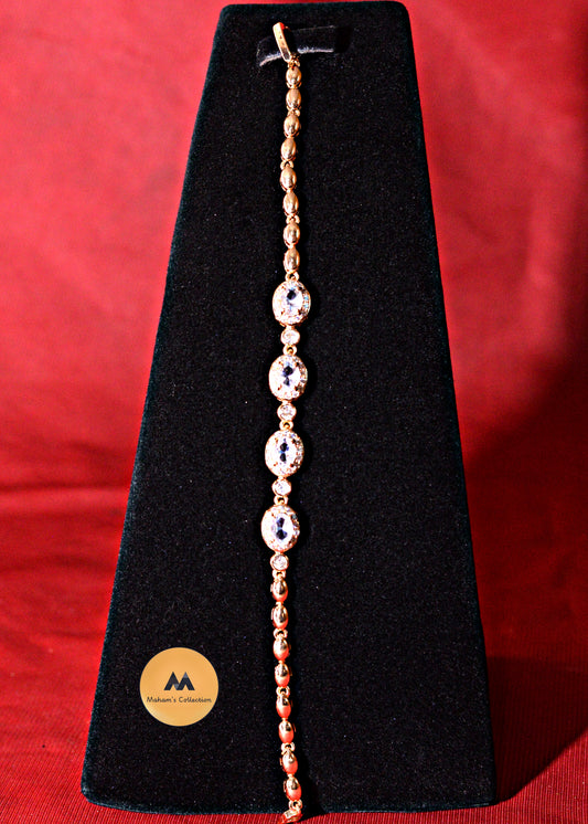 Classic Oval Solitaire Tennis Bracelet for Women - White Stone & Gold Tone, Free Size