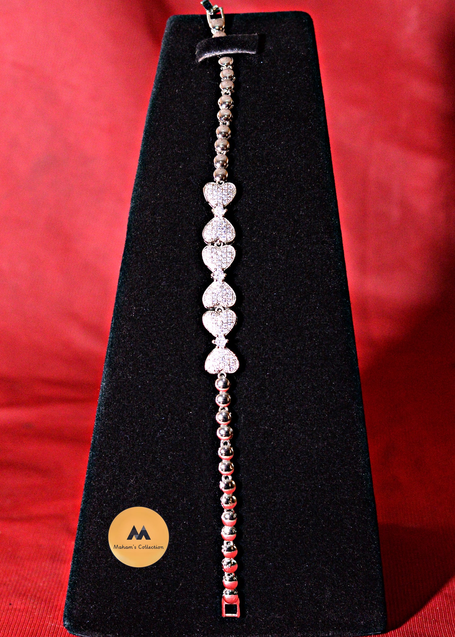 Brilliant Pave Heart Beaded Bracelet for Women - Silver Tone, Free Size