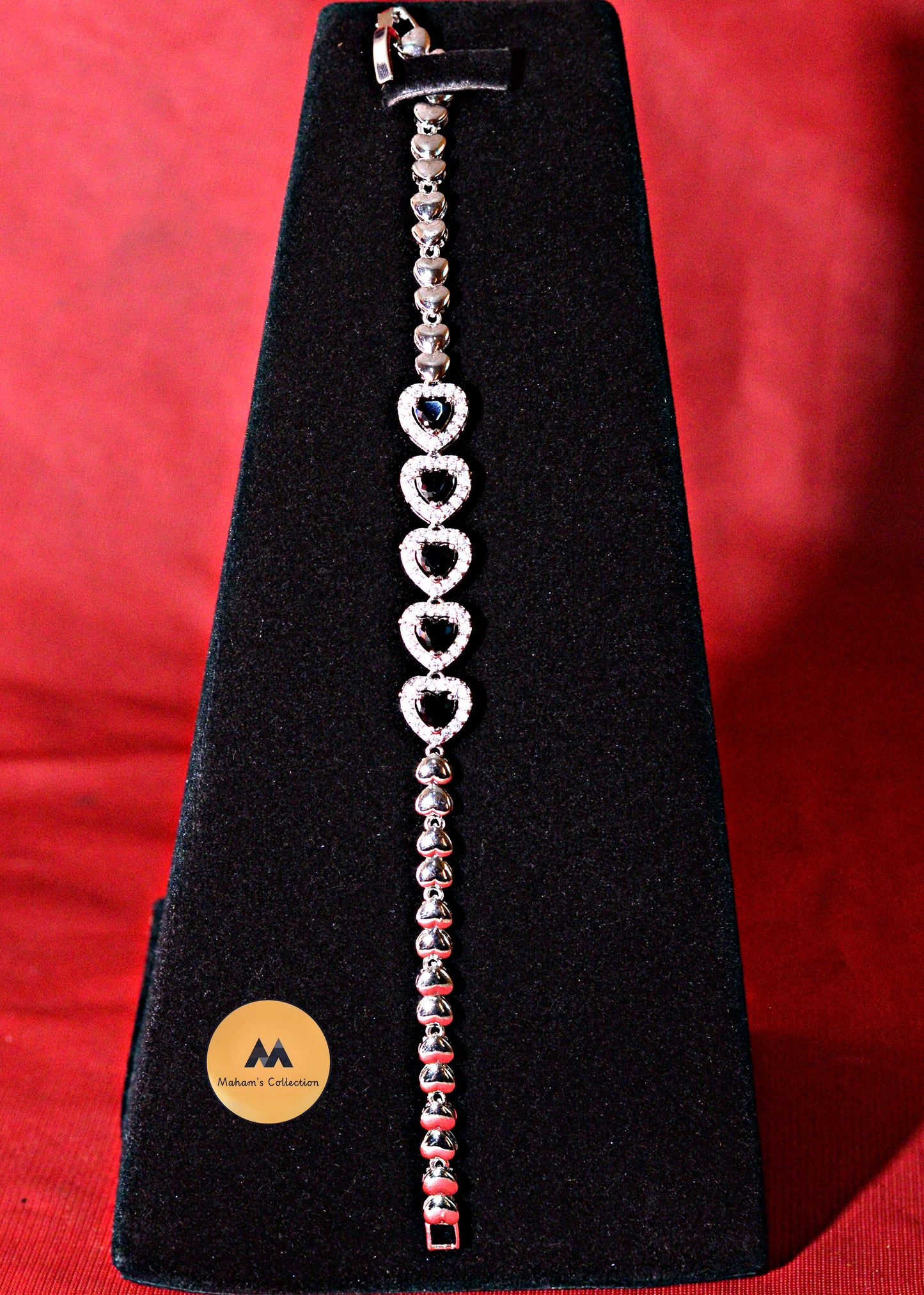 Chic Black & White Heart Link Bracelet - Pave Halo, Silver Tone, Free Size