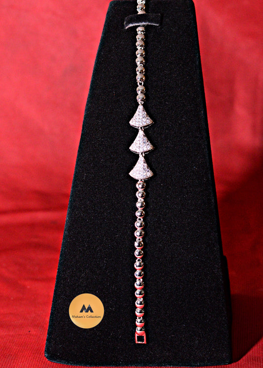 Modern Pave Triangle Charm Bracelet - Silver Tone Beaded Chain, Free Size