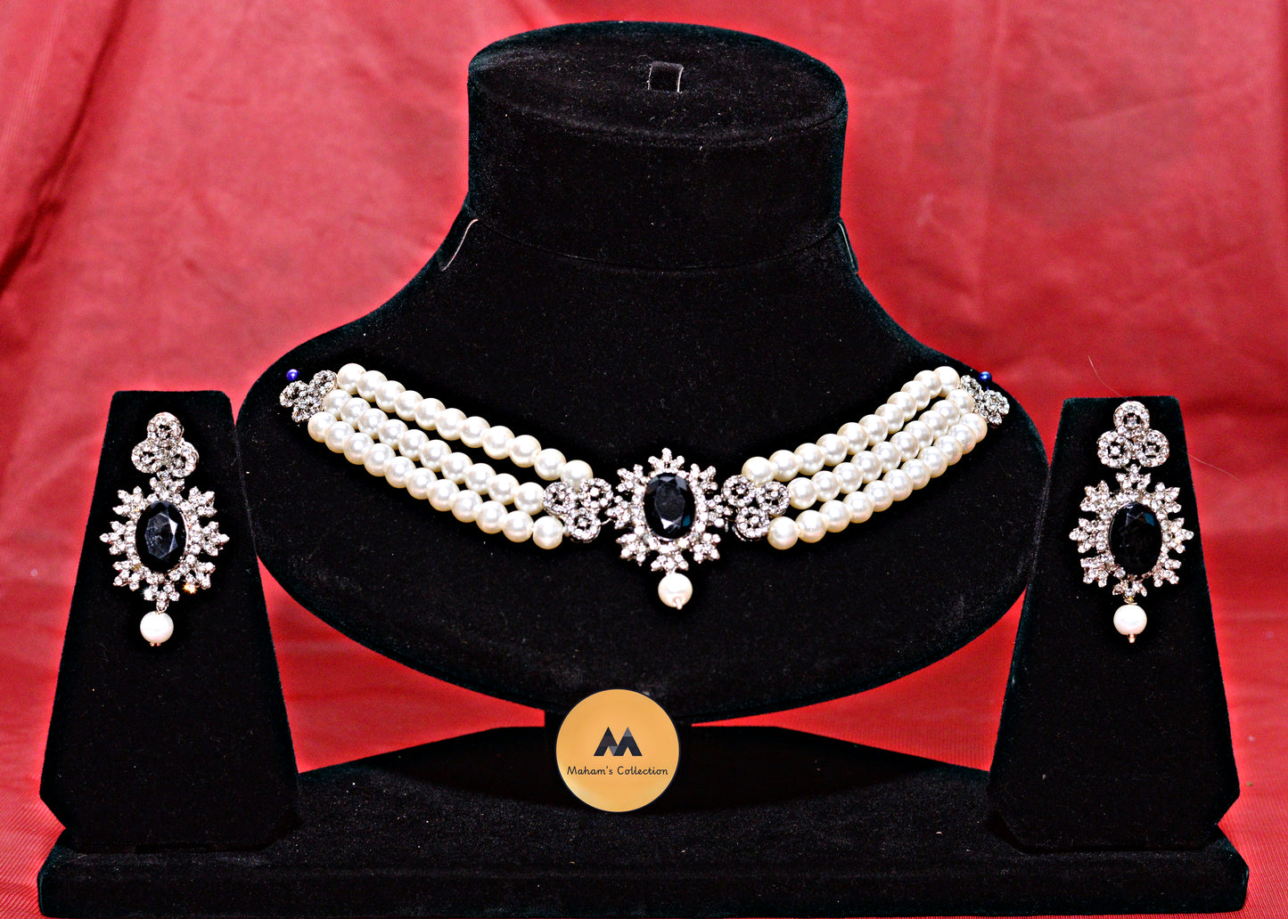 Elegant 3-Layer Pearl Choker Necklace & Earring Set - Available in 3 Gemstone Colors