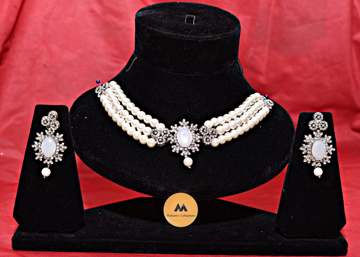 Elegant 3-Layer Pearl Choker Necklace & Earring Set - Available in 3 Gemstone Colors