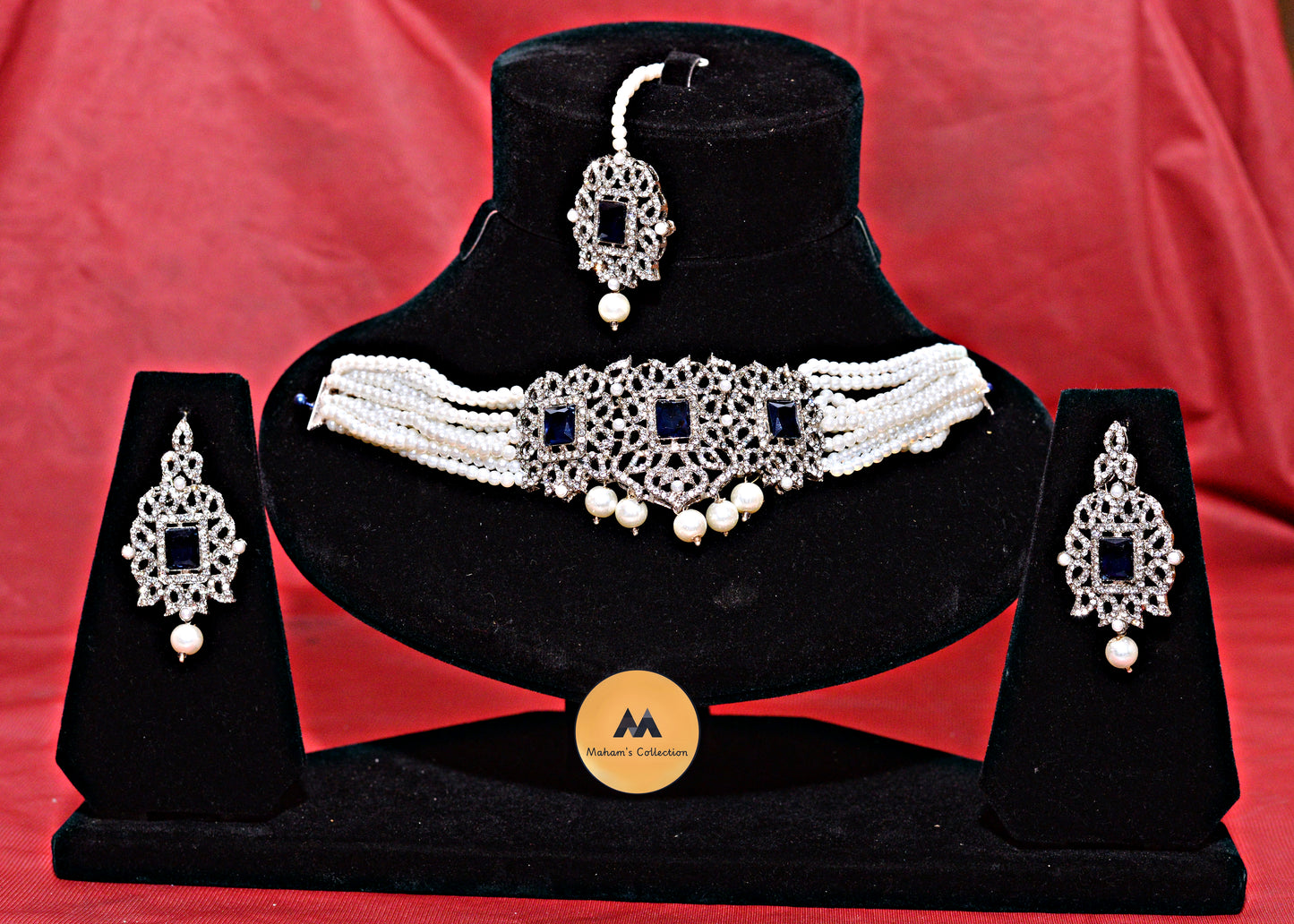 Stunning Pearl & Kundan-Style Choker Set - Available in Royal Blue & Crystal
