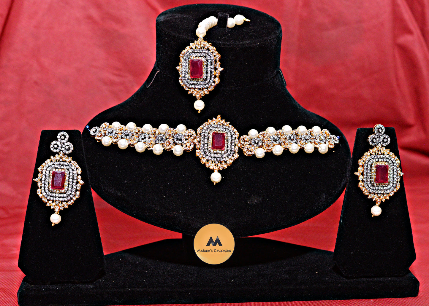Square Stone & AD Necklace Set - Gold Plated Pearl Collar - Ruby Red & Sapphire Blue