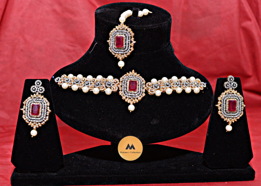 Square Stone & AD Necklace Set - Gold Plated Pearl Collar - Ruby Red & Sapphire Blue