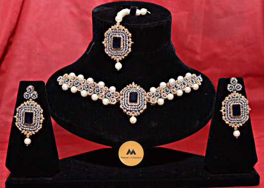 Square Stone & AD Necklace Set - Gold Plated Pearl Collar - Ruby Red & Sapphire Blue