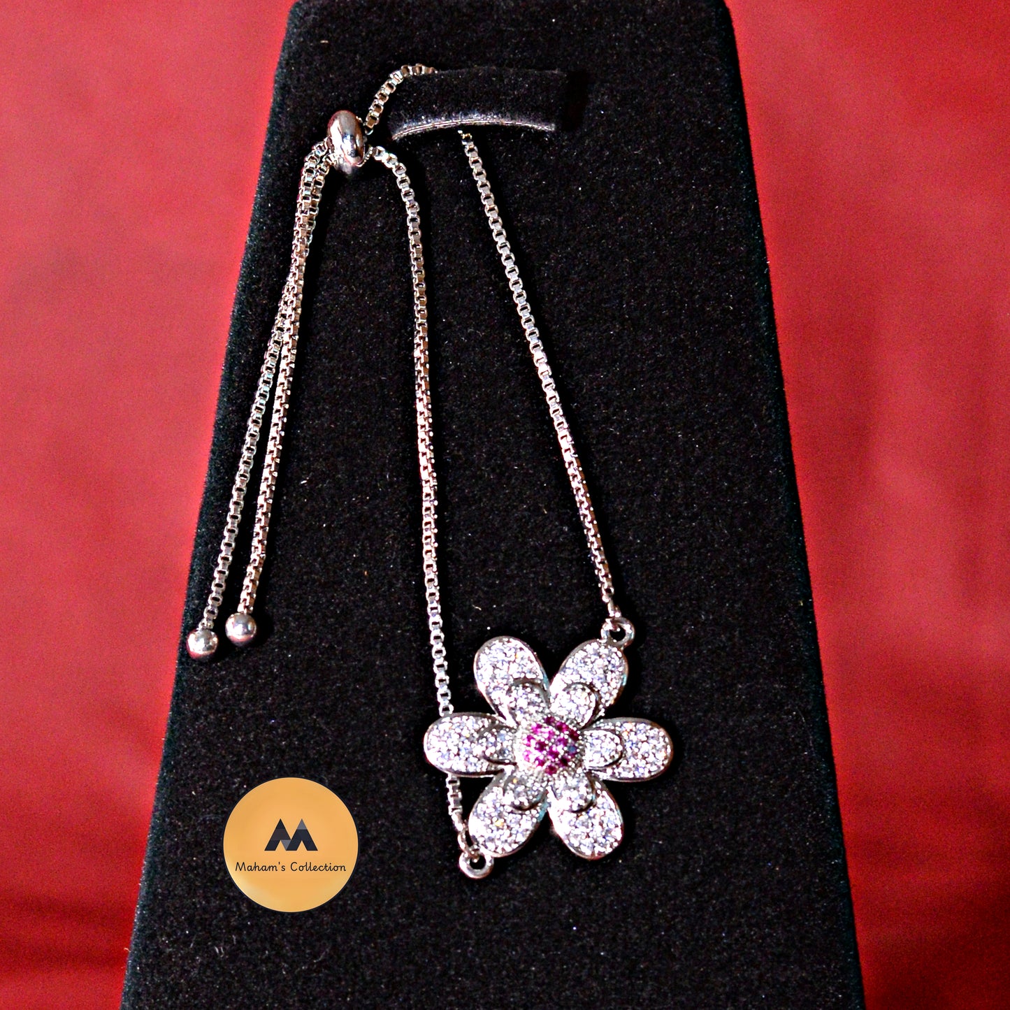 Sparkling Pink Center Flower Bolo Bracelet - Adjustable Silver Tone, Free Size