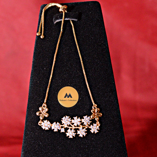 Sparkling Floral Vine Bolo Bracelet - Adjustable Gold Tone Slider, Free Size