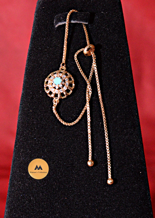 Dainty Adjustable Circle Charm Bolo Bracelet - Red or Blue Stone, Gold Tone