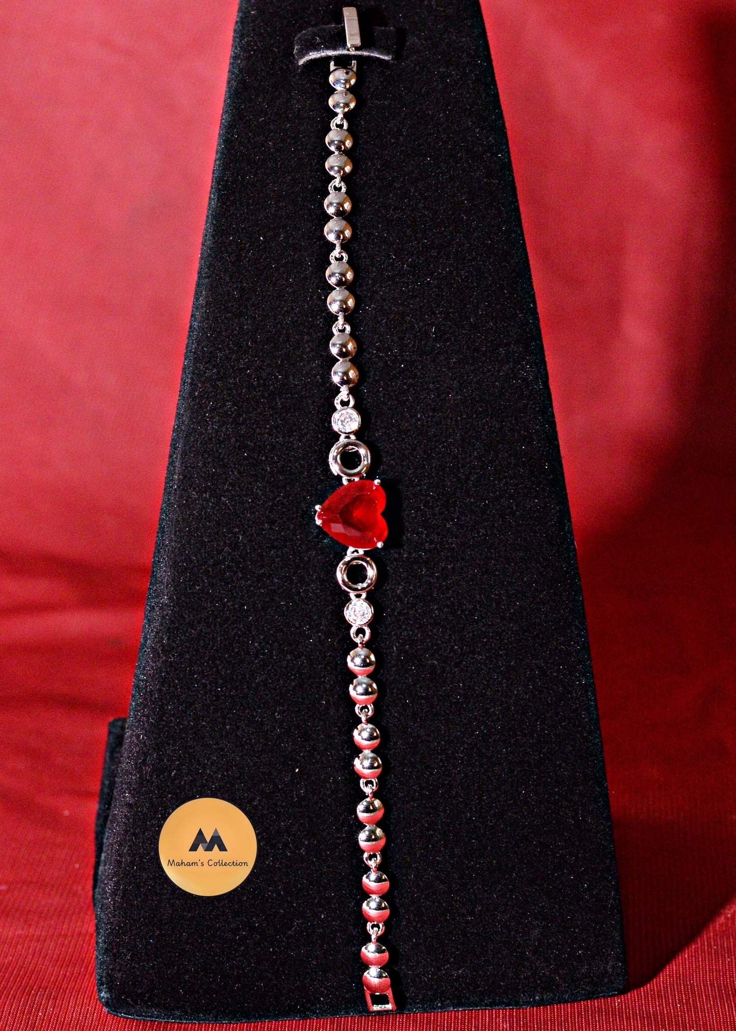 Vibrant Red Heart Solitaire Charm Bracelet - Silver Tone, Free Size