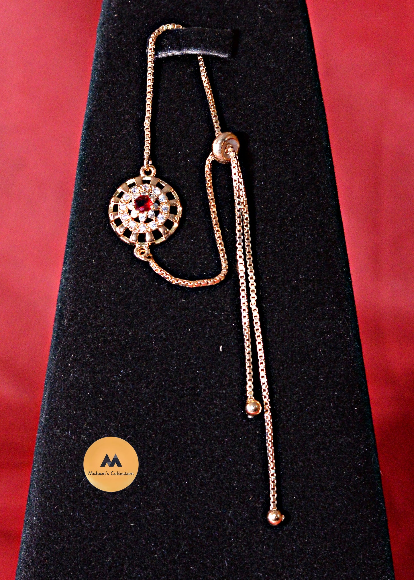 Dainty Adjustable Circle Charm Bolo Bracelet - Red or Blue Stone, Gold Tone