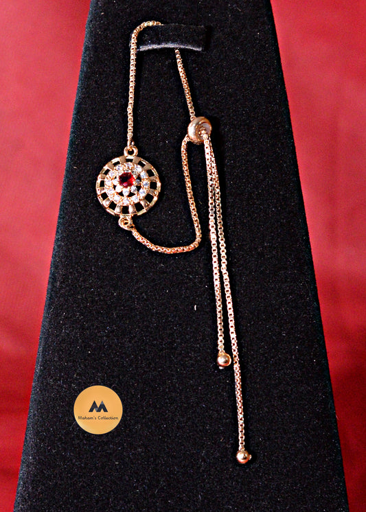 Dainty Adjustable Circle Charm Bolo Bracelet - Red or Blue Stone, Gold Tone