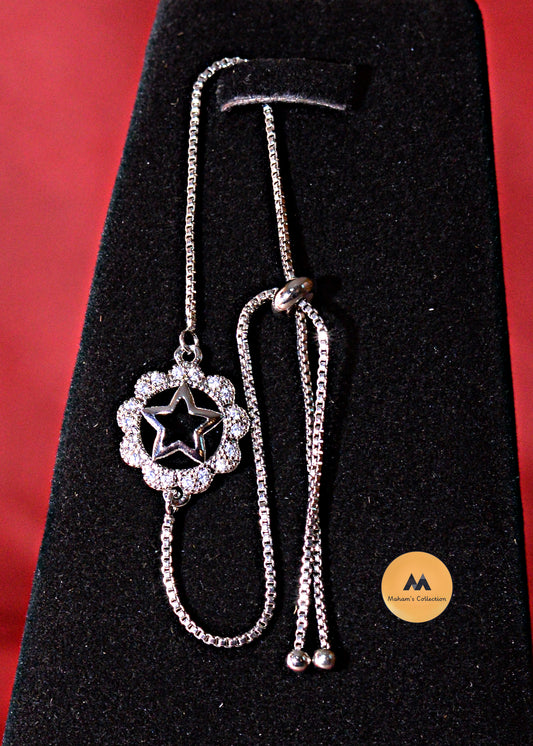 Crystal Star & Floral Slider Bracelet for Women - Adjustable Silver Chain