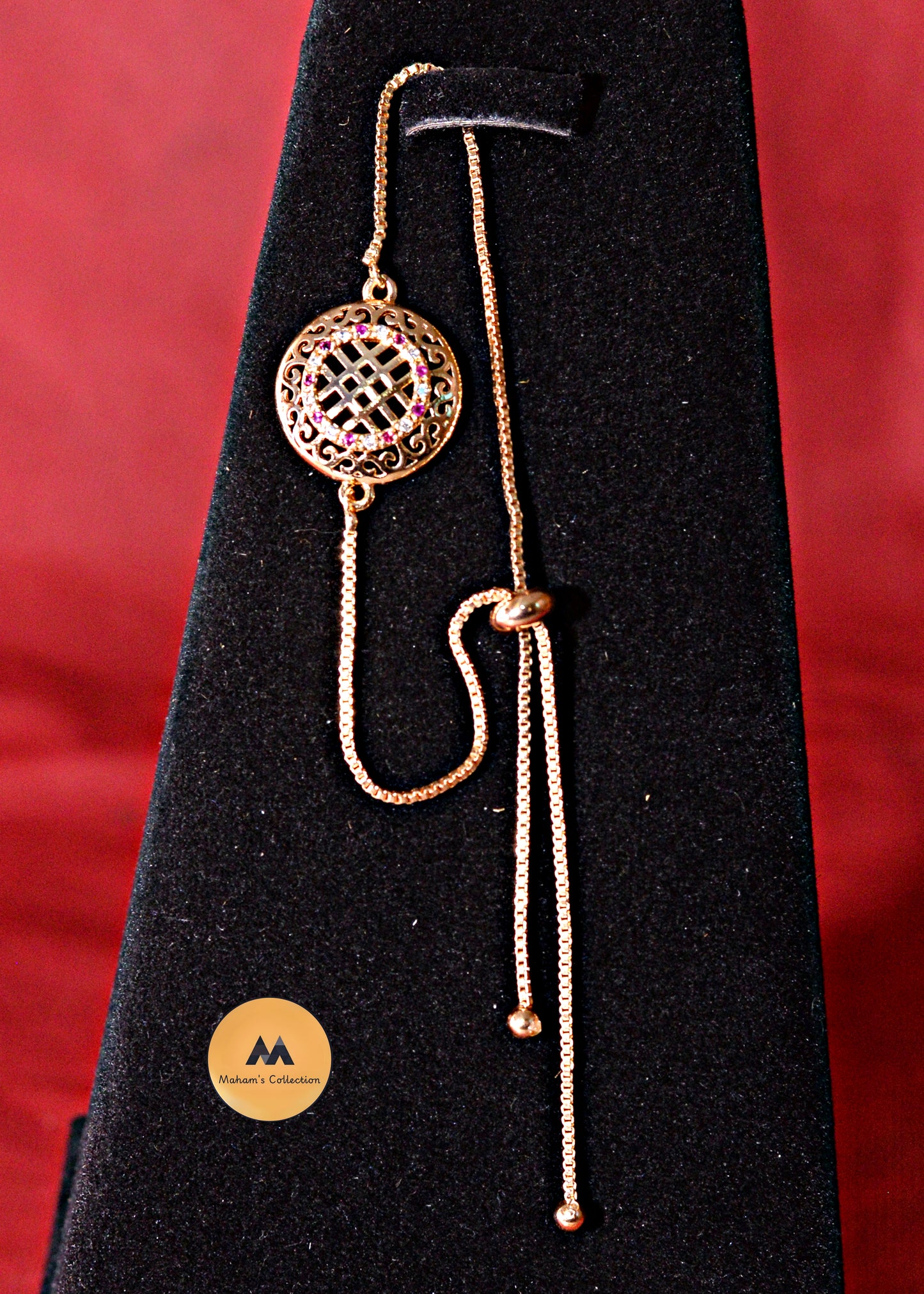 Rose Gold Filigree Round Charm Bracelet - Adjustable Slider with Pink Stones