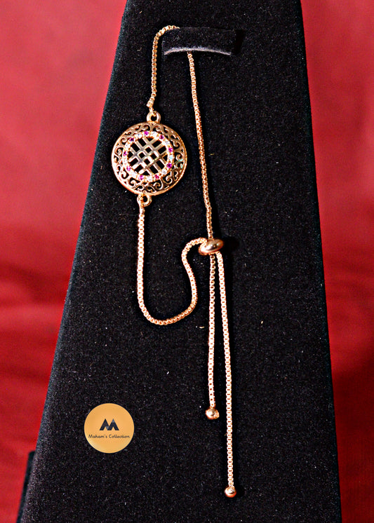 Rose Gold Filigree Round Charm Bracelet - Adjustable Slider with Pink Stones