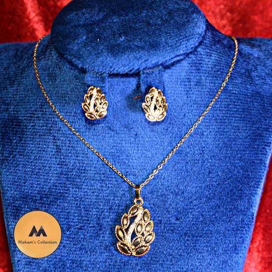 Dazzling Gold-Tone Leaf Pendant Set with Clear CZ Stones