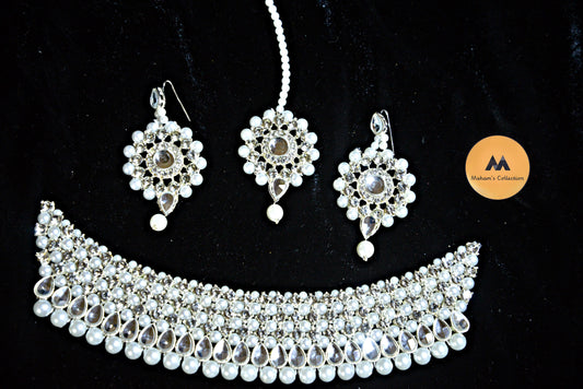 Kundan & Pearl Bridal Choker Set with Maang Tikka & Earrings | Silver Tone